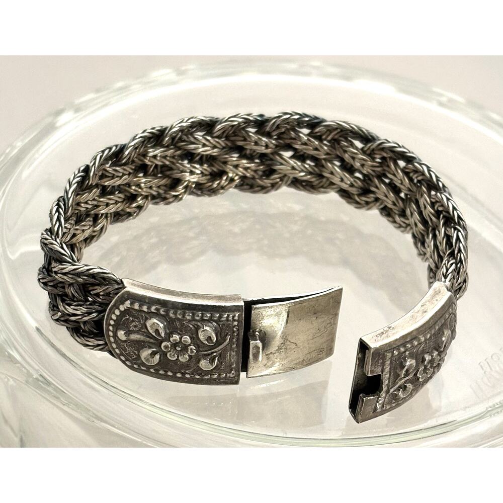 Vintage Sterling Silver Floral Clasp Braided 8” Bracelet 60g - Picture 3 of 7